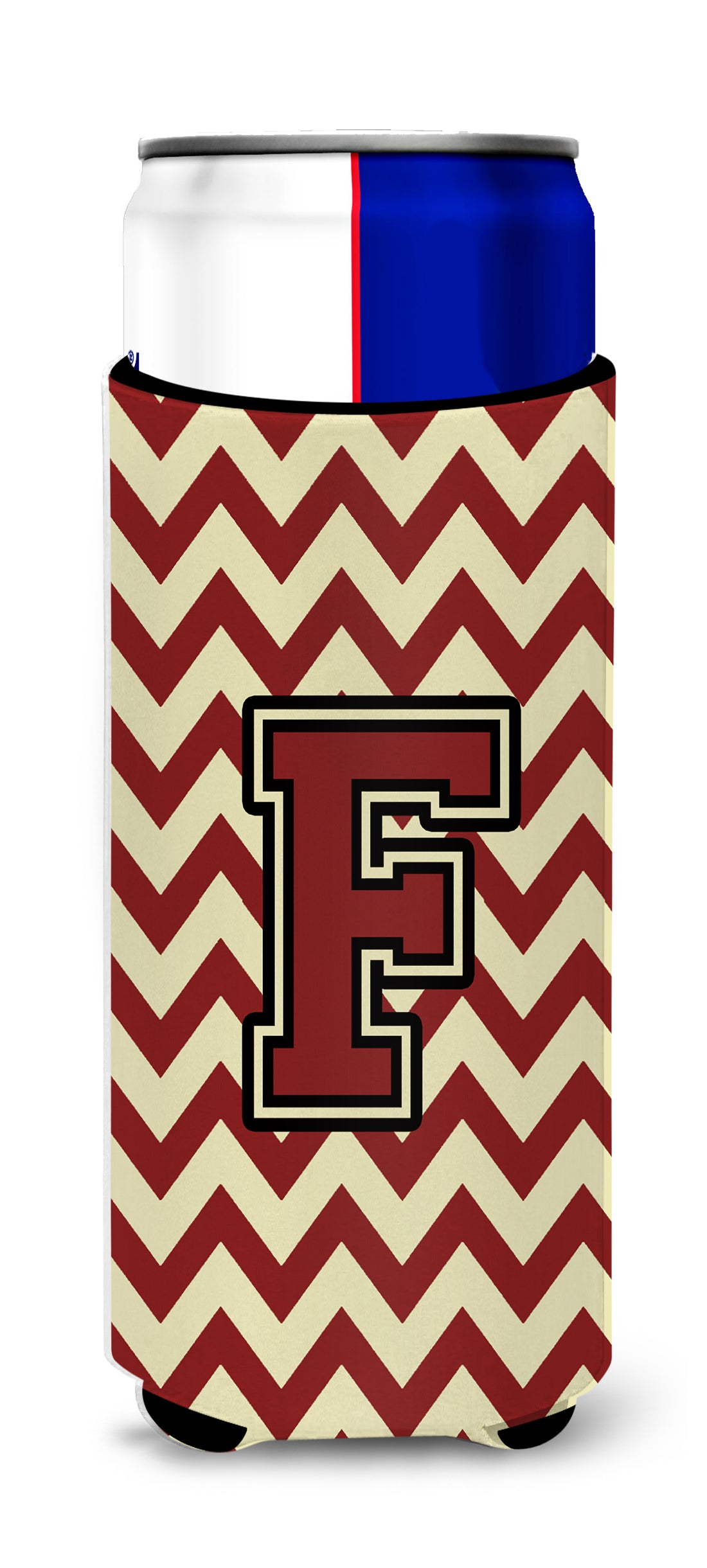 Letter F Chevron Maroon and Gold Ultra Beverage Insulators for slim cans CJ1061-FMUK.