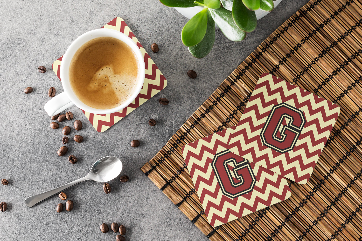 Letter G Chevron Maroon and Gold Foam Coaster Set of 4 CJ1061-GFC - the-store.com