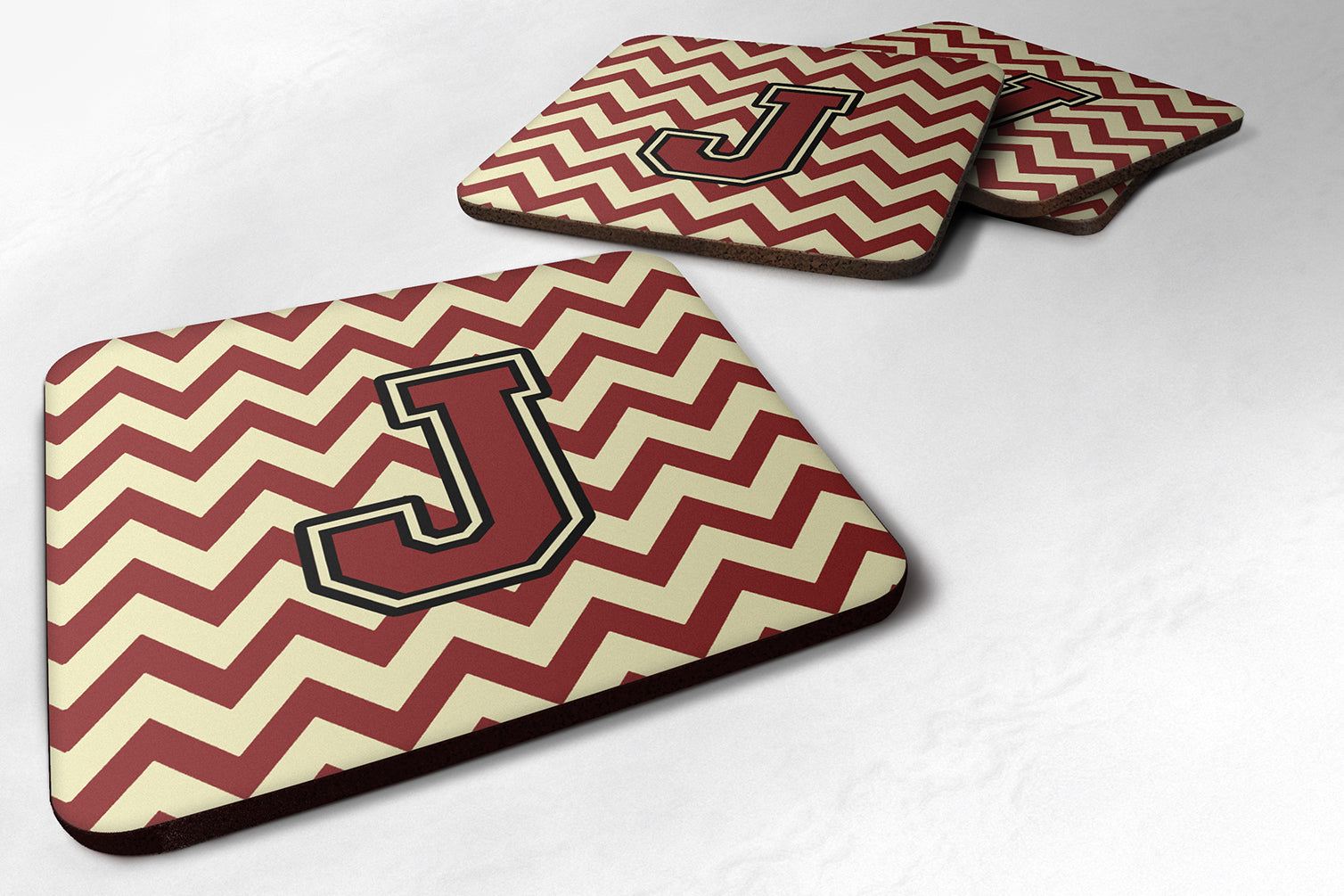 Letter J Chevron Maroon and Gold Foam Coaster Set of 4 CJ1061-JFC - the-store.com