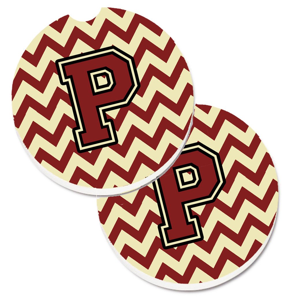 Letter P Chevron Maroon and Gold Set of 2 Cup Holder Car Coasters CJ1061-PCARC by Caroline&#39;s Treasures
