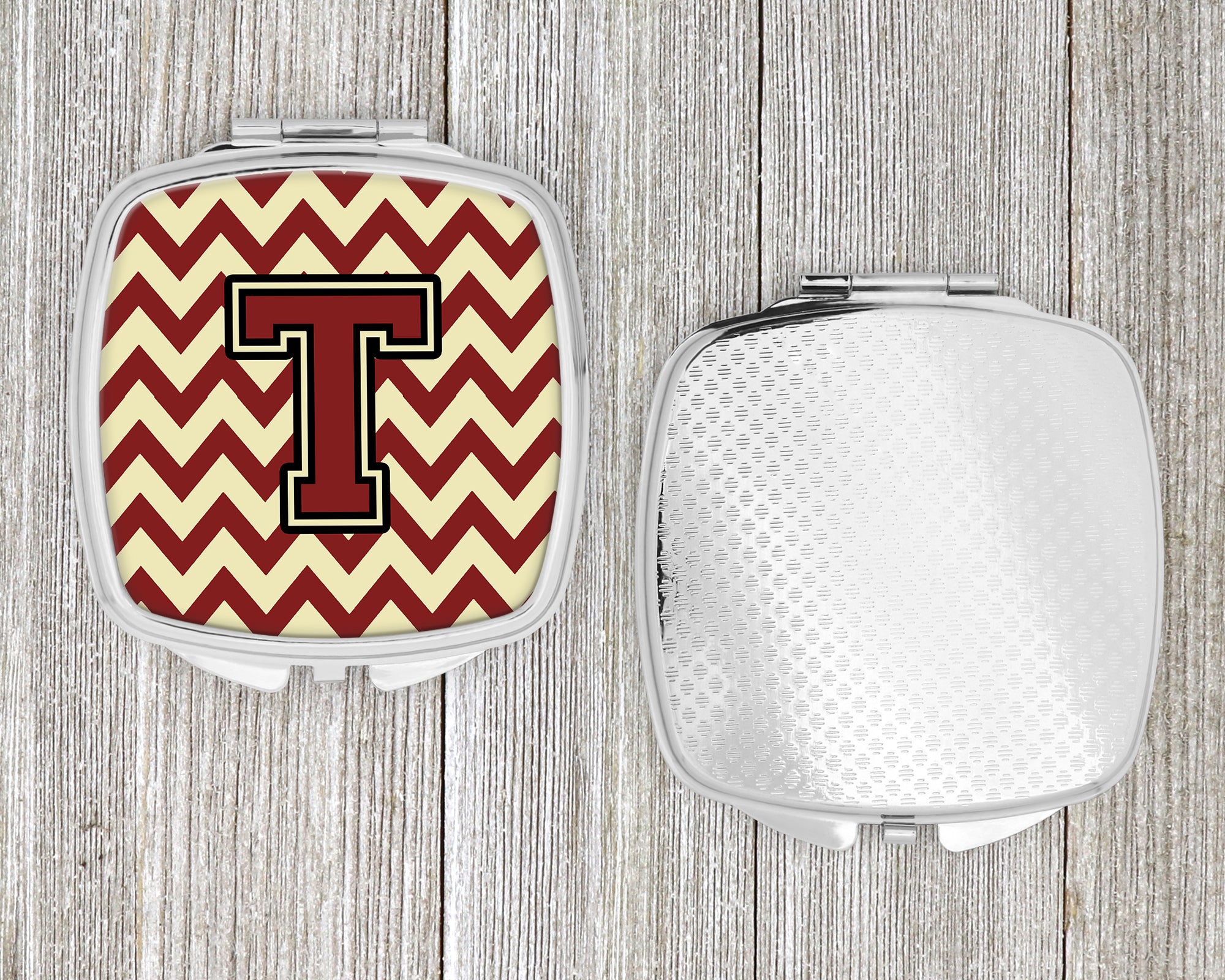 Letter T Chevron Maroon and Gold Compact Mirror CJ1061-TSCM  the-store.com.