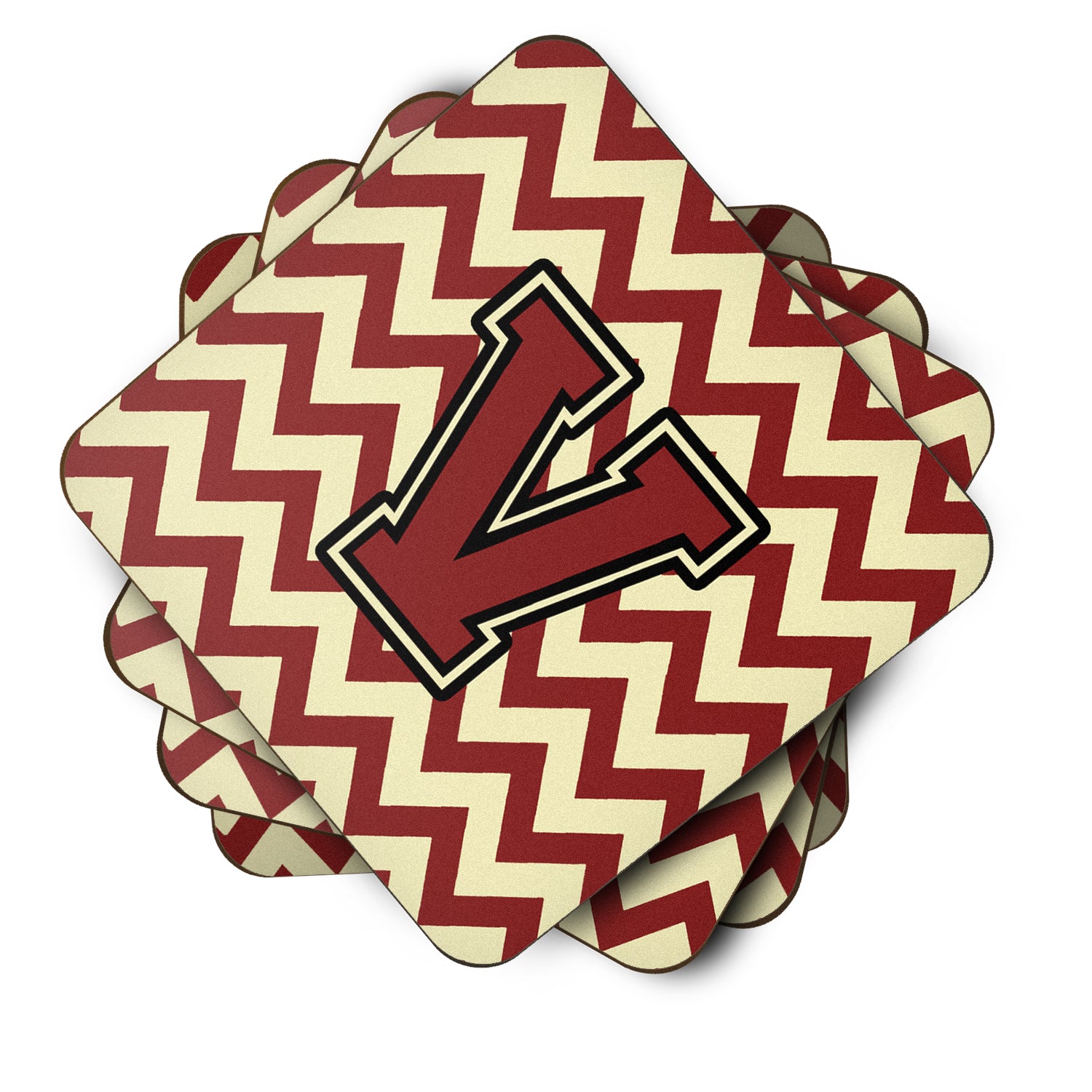 Letter V Chevron Maroon and Gold Foam Coaster Set of 4 CJ1061-VFC - the-store.com