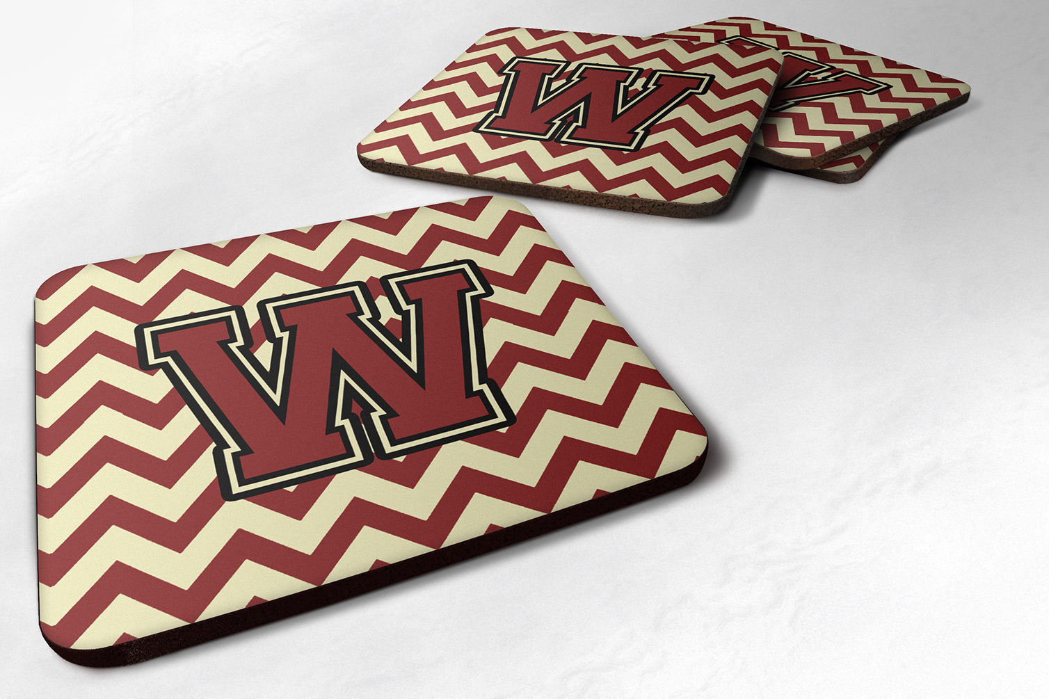 Letter W Chevron Maroon and Gold Foam Coaster Set of 4 CJ1061-WFC - the-store.com