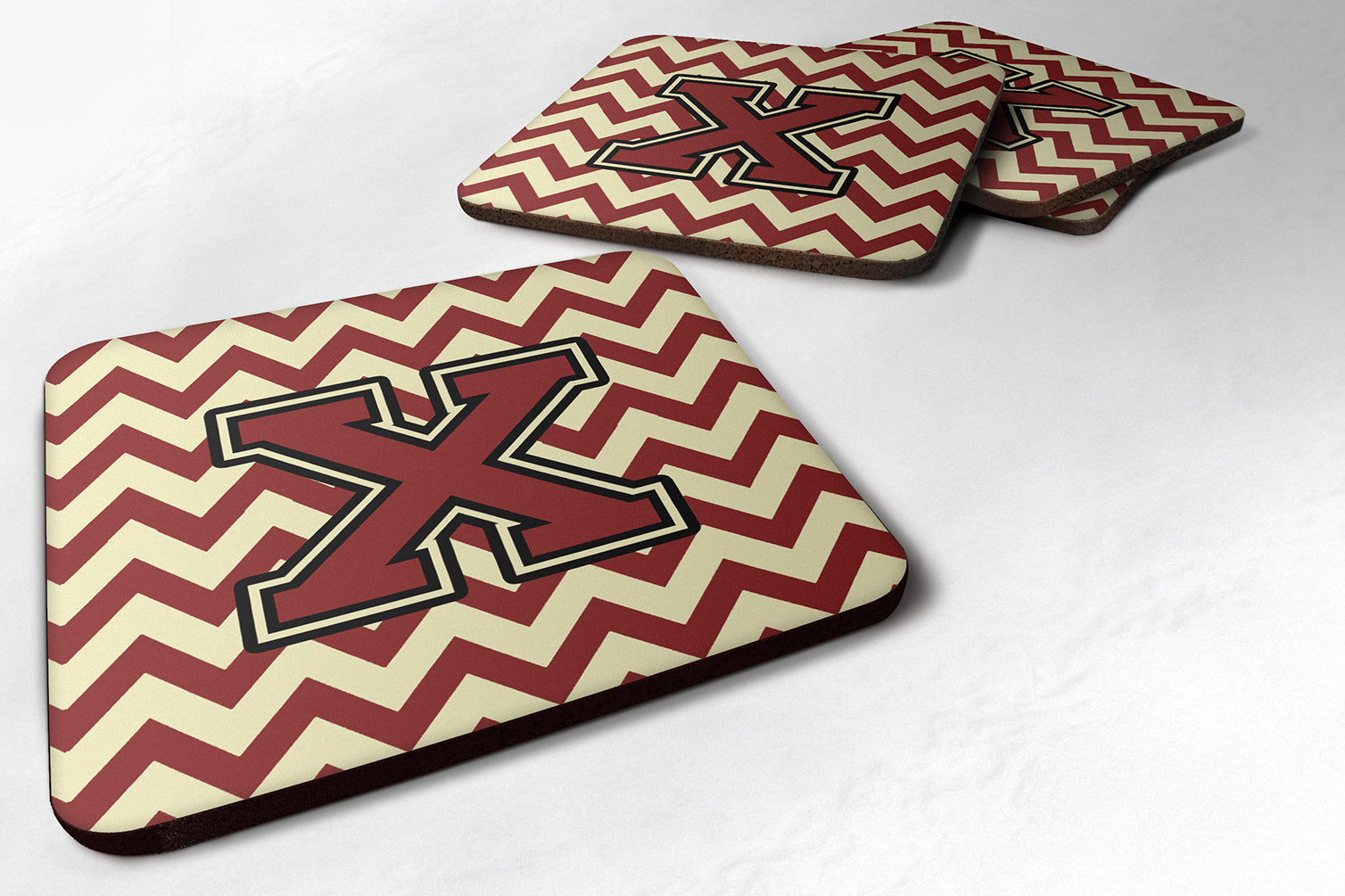 Letter X Chevron Maroon and Gold Foam Coaster Set of 4 CJ1061-XFC - the-store.com