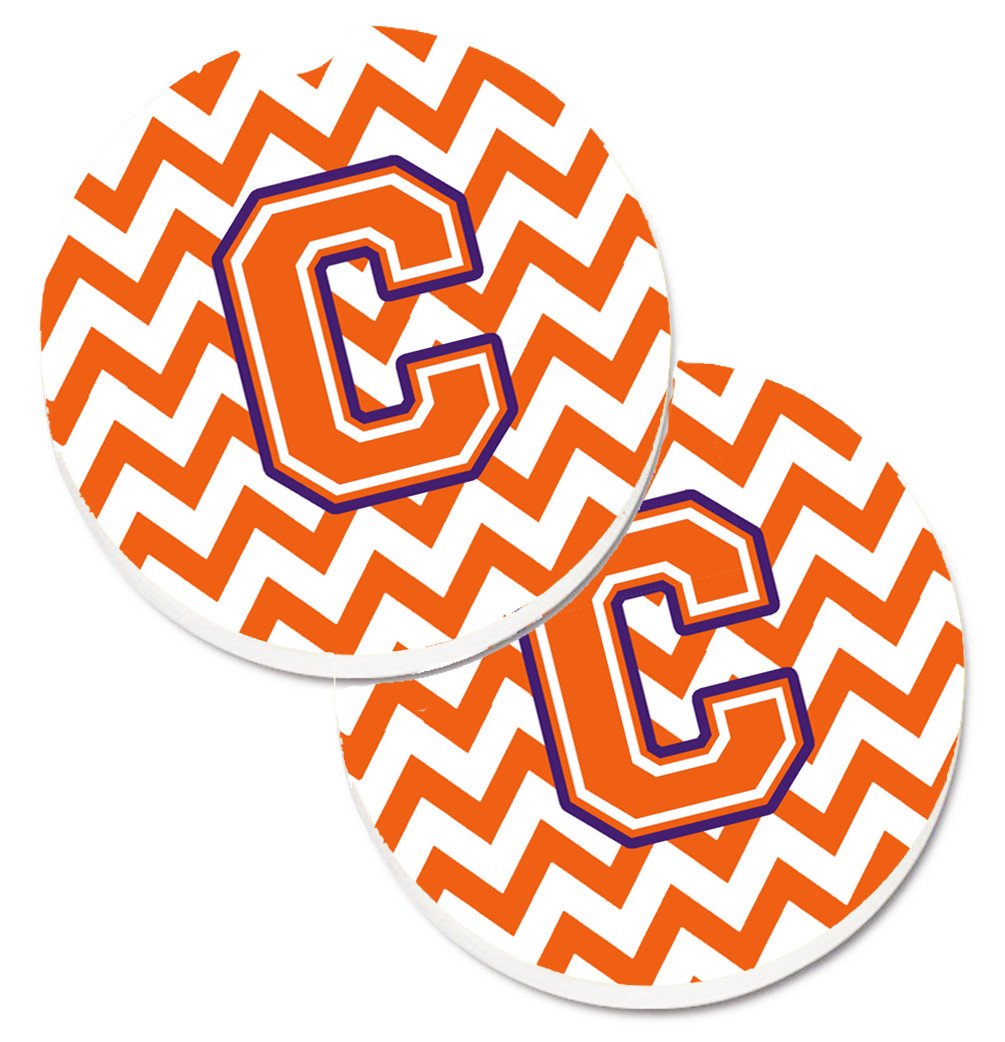Letter C Chevron Orange and Regalia Set of 2 Cup Holder Car Coasters CJ1062-CCARC by Caroline&#39;s Treasures