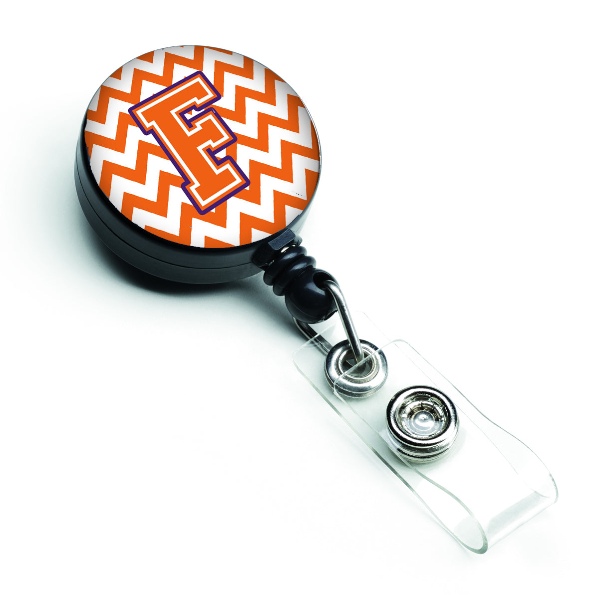 Letter F Chevron Orange and Regalia Retractable Badge Reel CJ1062-FBR.