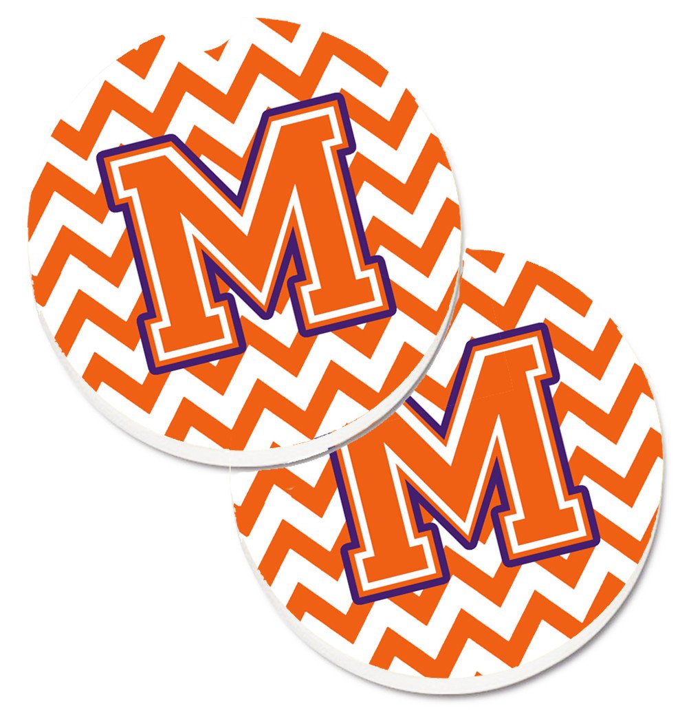 Letter M Chevron Orange and Regalia Set of 2 Cup Holder Car Coasters CJ1062-MCARC by Caroline's Treasures