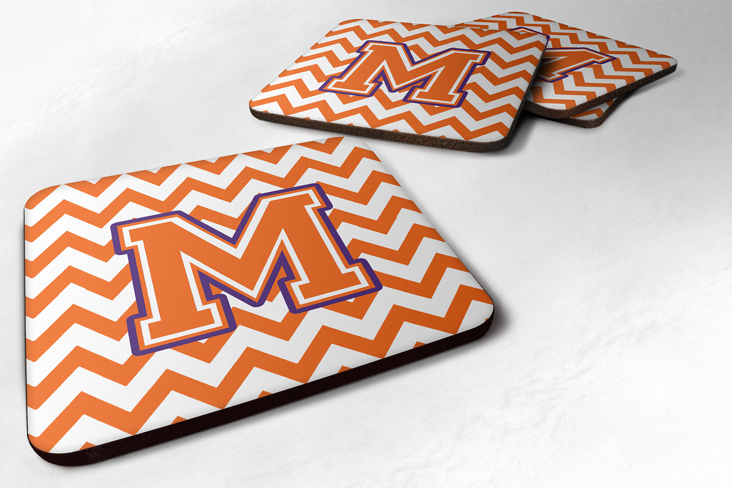 Letter M Chevron Orange and Regalia Foam Coaster Set of 4 CJ1062-MFC - the-store.com