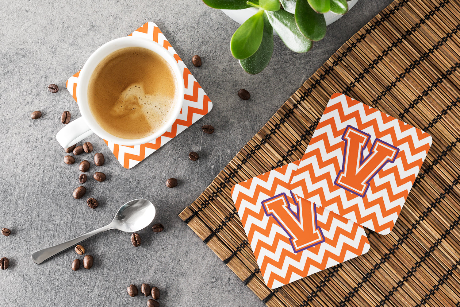 Letter V Chevron Orange and Regalia Foam Coaster Set of 4 CJ1062-VFC - the-store.com