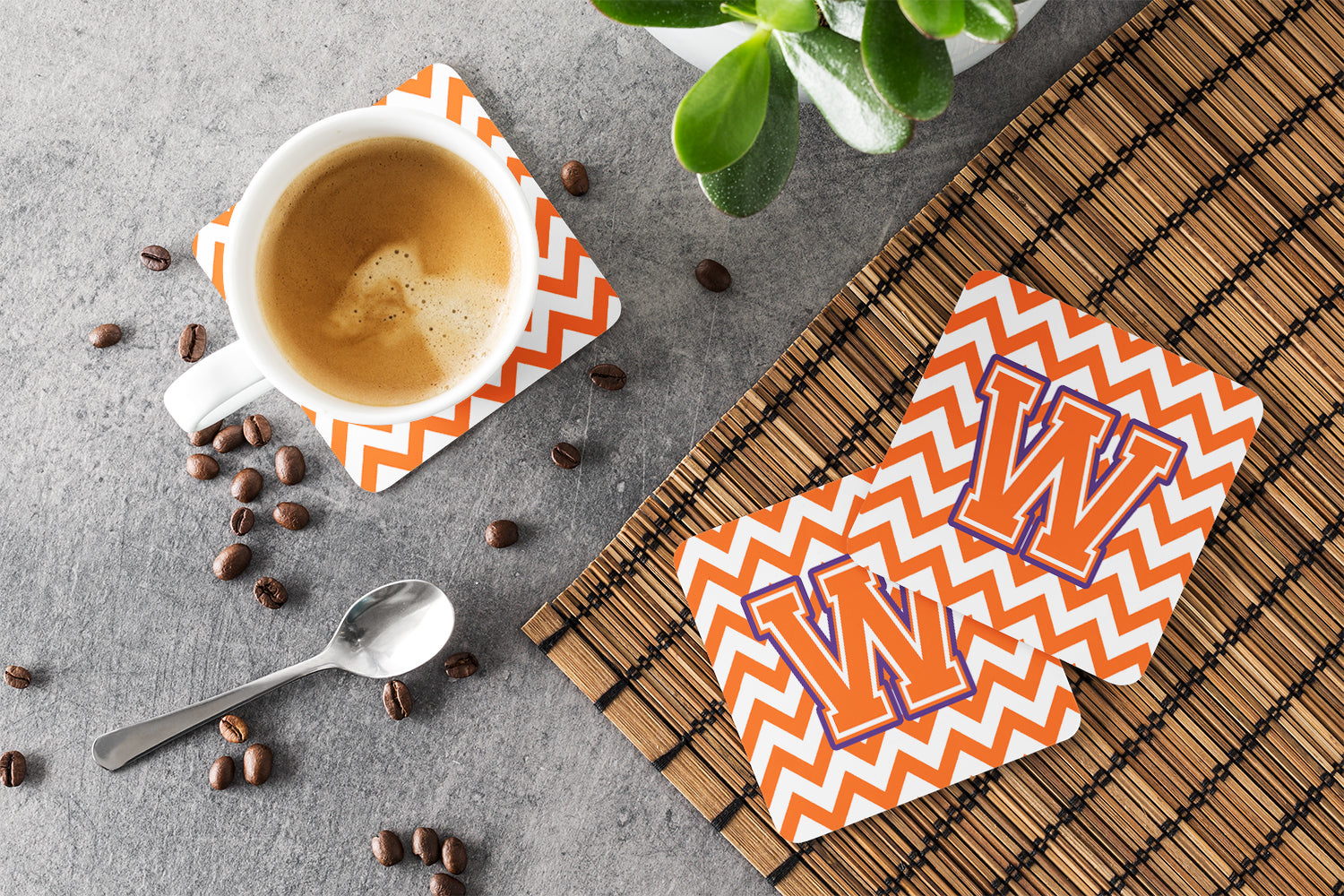 Letter W Chevron Orange and Regalia Foam Coaster Set of 4 CJ1062-WFC - the-store.com