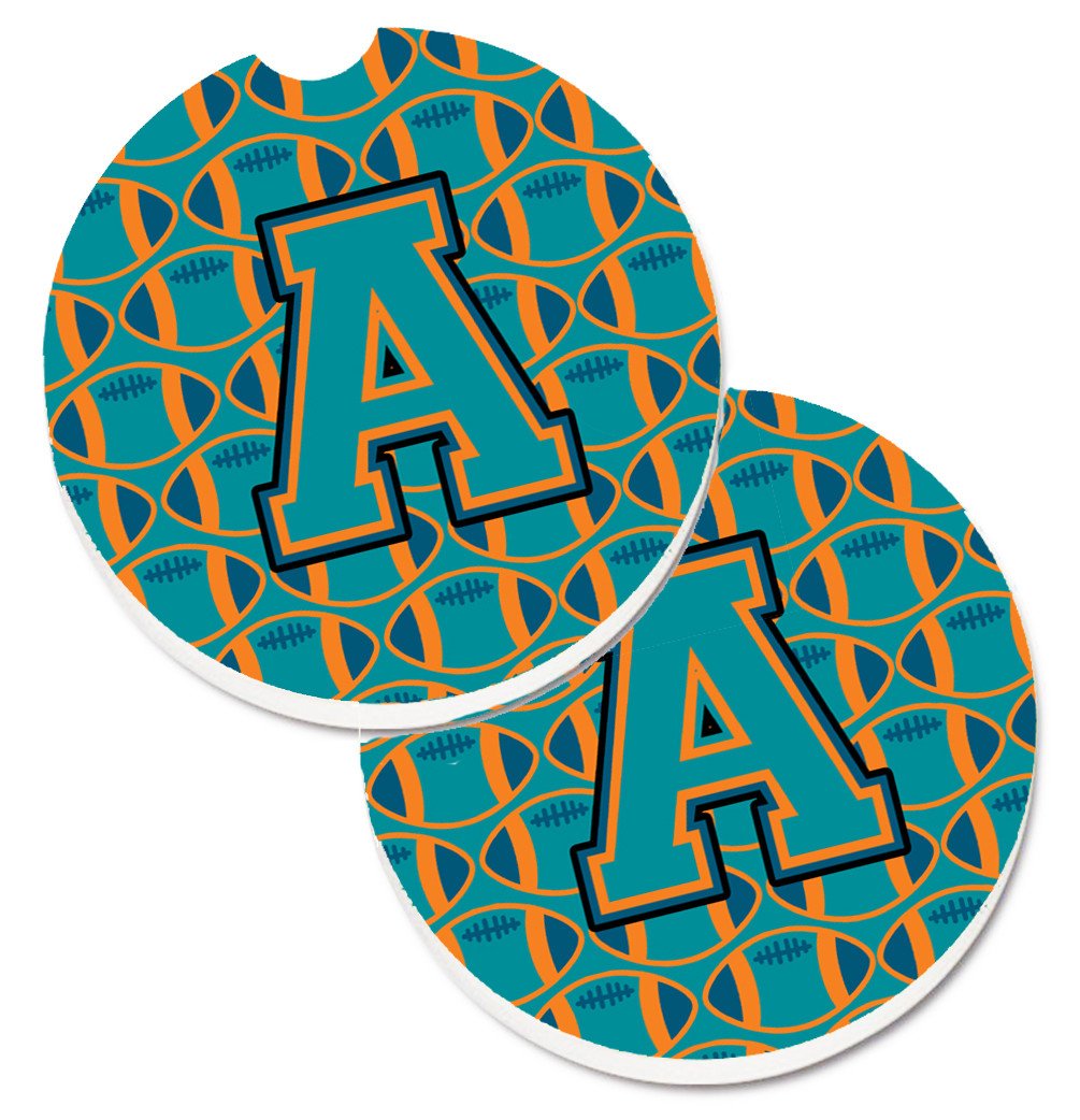 Letter A Football Aqua, Orange and Marine Blue Set of 2 Cup Holder Car Coasters CJ1063-ACARC by Caroline's Treasures