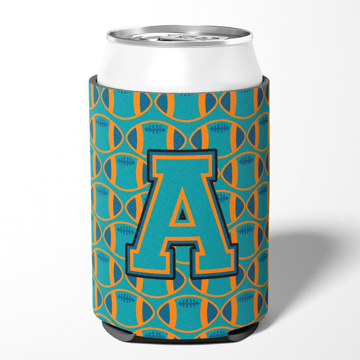 Letter A Football Aqua, Orange and Marine Blue Can or Bottle Hugger CJ1063-ACC.