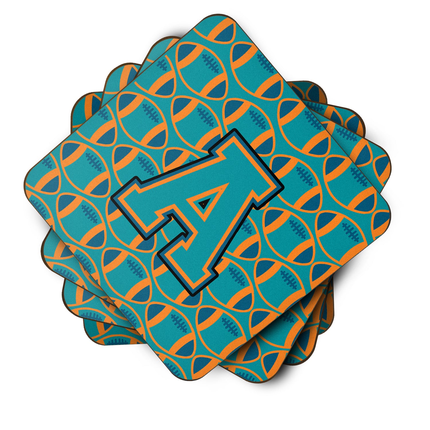 Letter A Football Aqua, Orange and Marine Blue Foam Coaster Set of 4 CJ1063-AFC - the-store.com