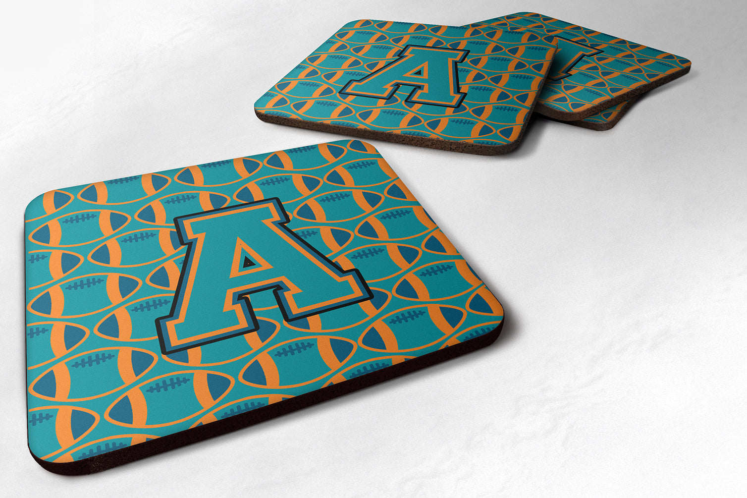 Letter A Football Aqua, Orange and Marine Blue Foam Coaster Set of 4 CJ1063-AFC - the-store.com