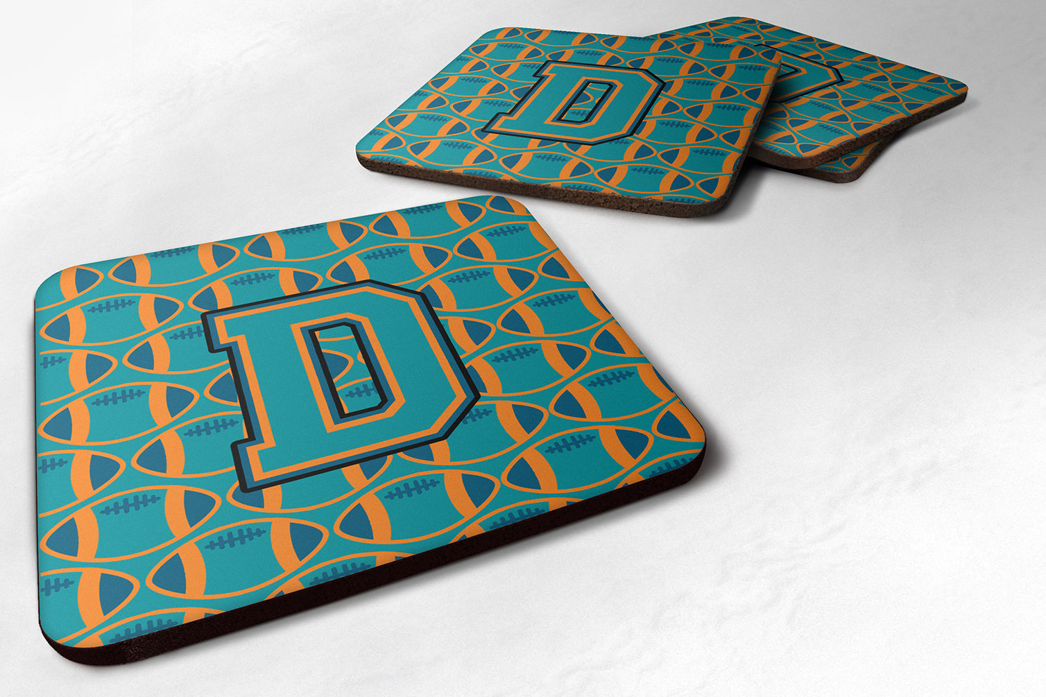 Letter D Football Aqua, Orange and Marine Blue Foam Coaster Set of 4 CJ1063-DFC - the-store.com