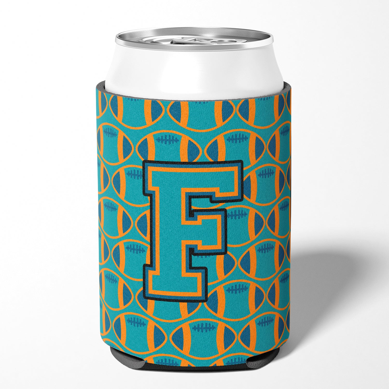 Letter F Football Aqua, Orange and Marine Blue Can or Bottle Hugger CJ1063-FCC.