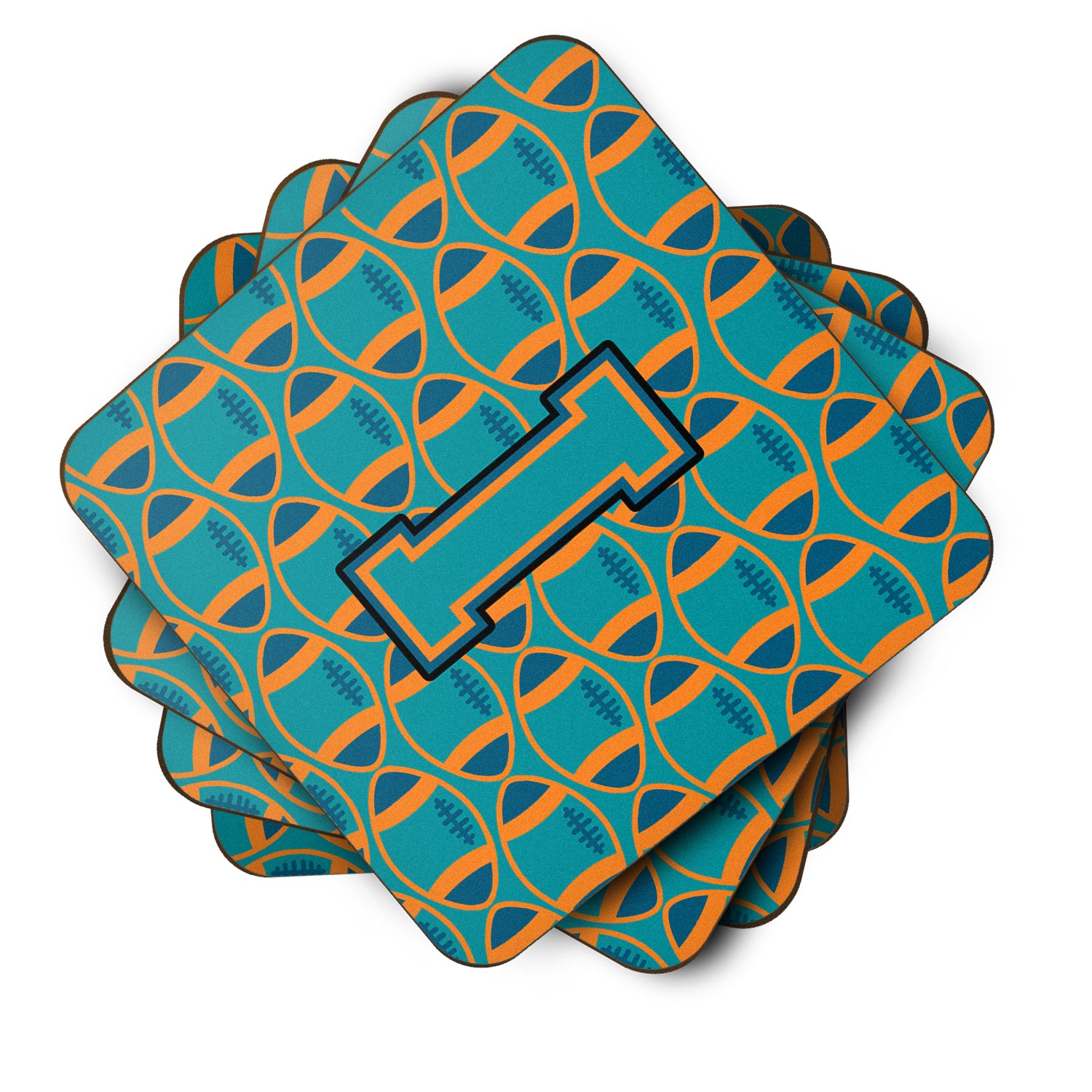 Letter I Football Aqua, Orange and Marine Blue Foam Coaster Set of 4 CJ1063-IFC - the-store.com