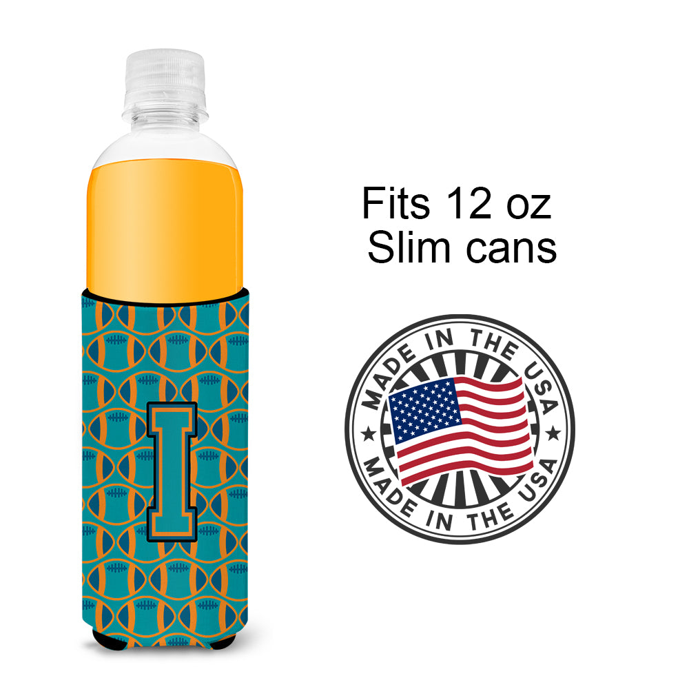Letter I Football Aqua, Orange and Marine Blue Ultra Beverage Insulators for slim cans CJ1063-IMUK.