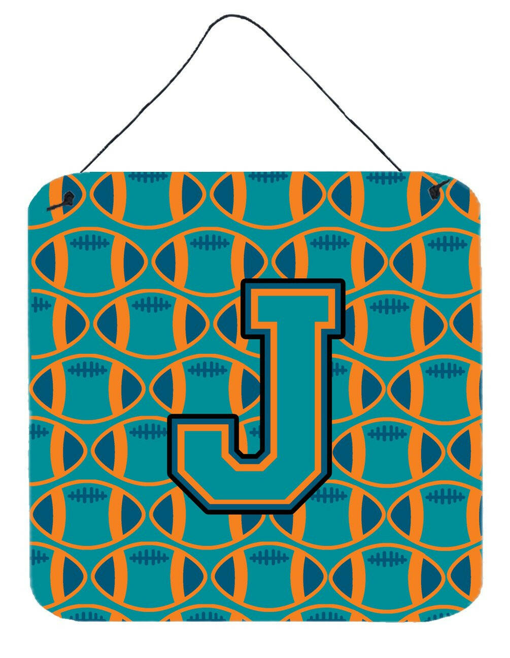 Letter J Football Aqua, Orange and Marine Blue Wall or Door Hanging Prints CJ1063-JDS66 by Caroline's Treasures