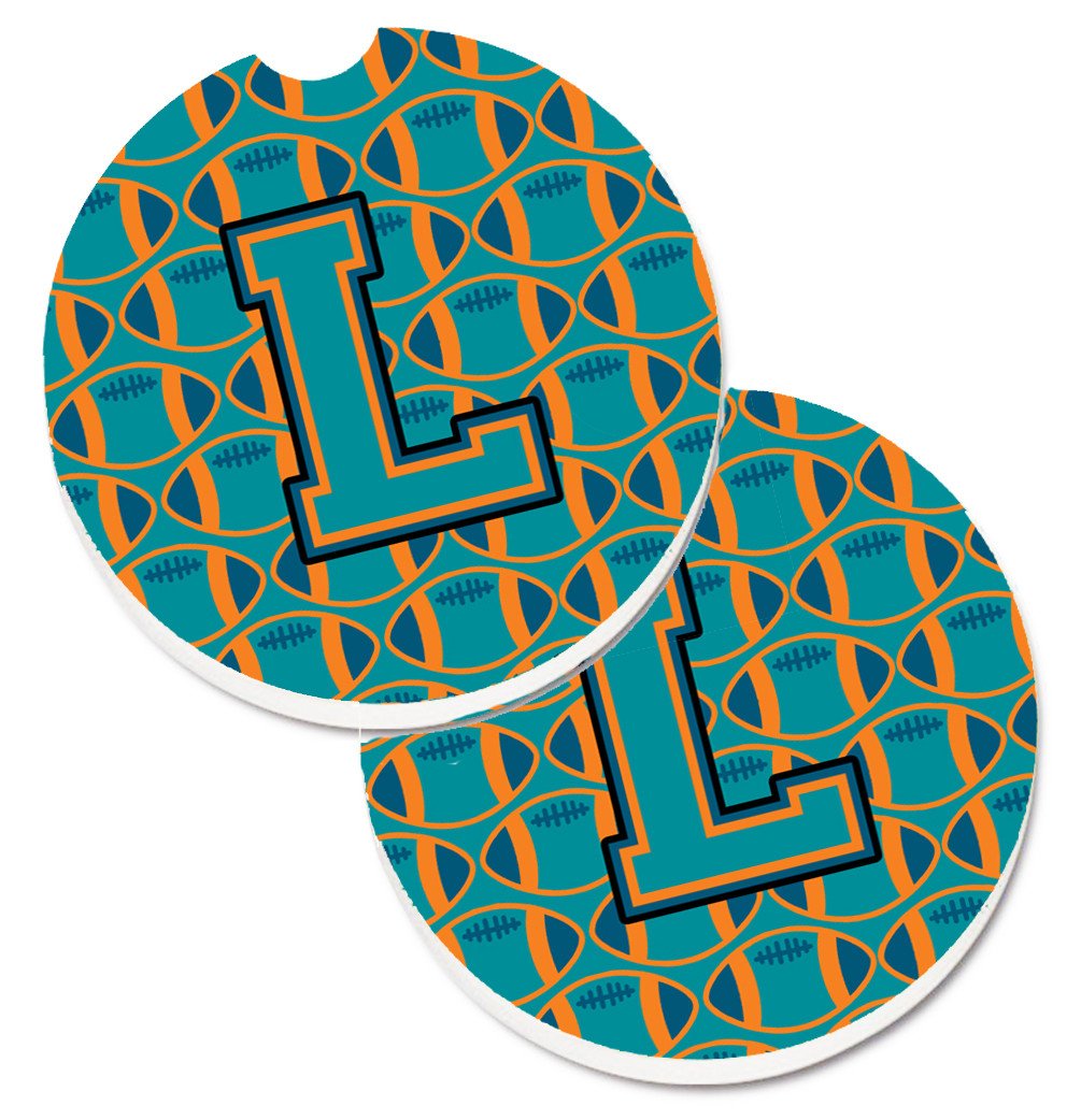 Letter L Football Aqua, Orange and Marine Blue Set of 2 Cup Holder Car Coasters CJ1063-LCARC by Caroline's Treasures