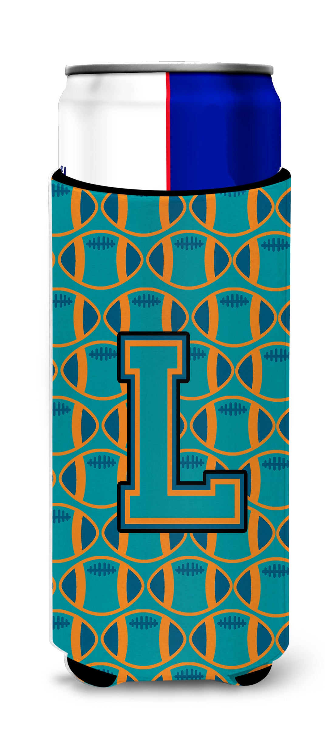 Letter L Football Aqua, Orange and Marine Blue Ultra Beverage Insulators for slim cans CJ1063-LMUK.