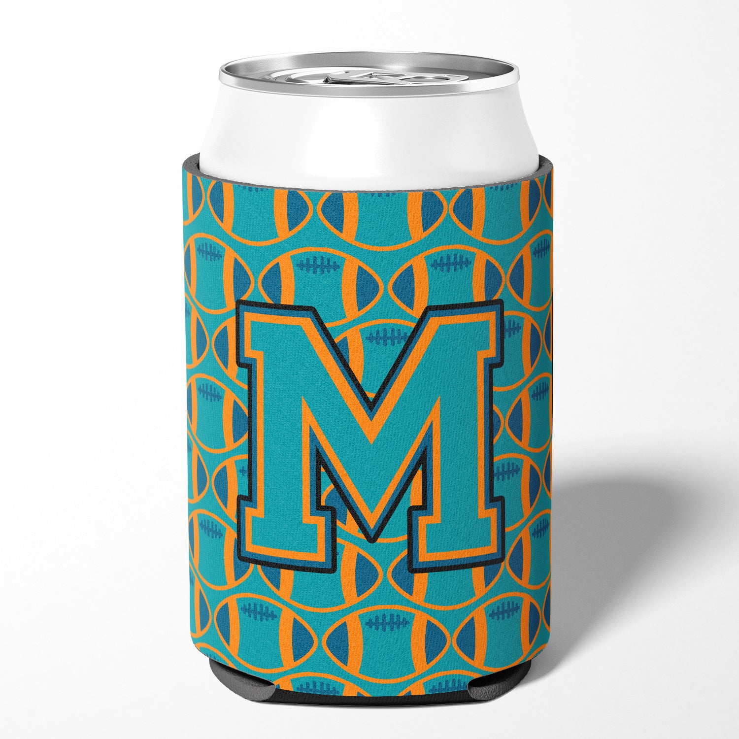 Letter M Football Aqua, Orange and Marine Blue Can or Bottle Hugger CJ1063-MCC.