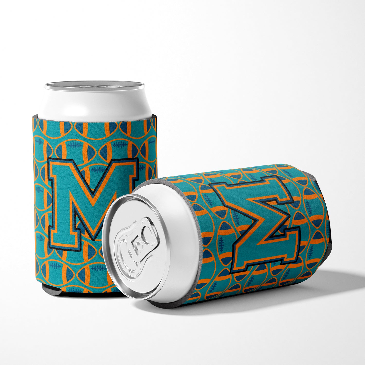 Letter M Football Aqua, Orange and Marine Blue Can or Bottle Hugger CJ1063-MCC.