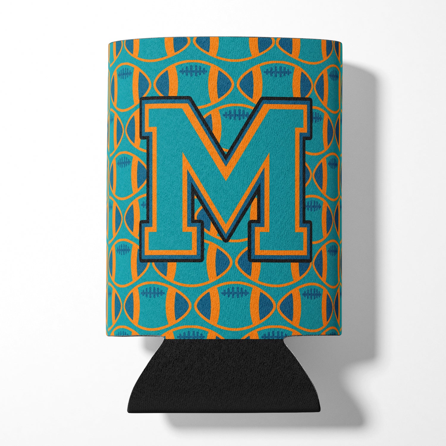 Letter M Football Aqua, Orange and Marine Blue Can or Bottle Hugger CJ1063-MCC.