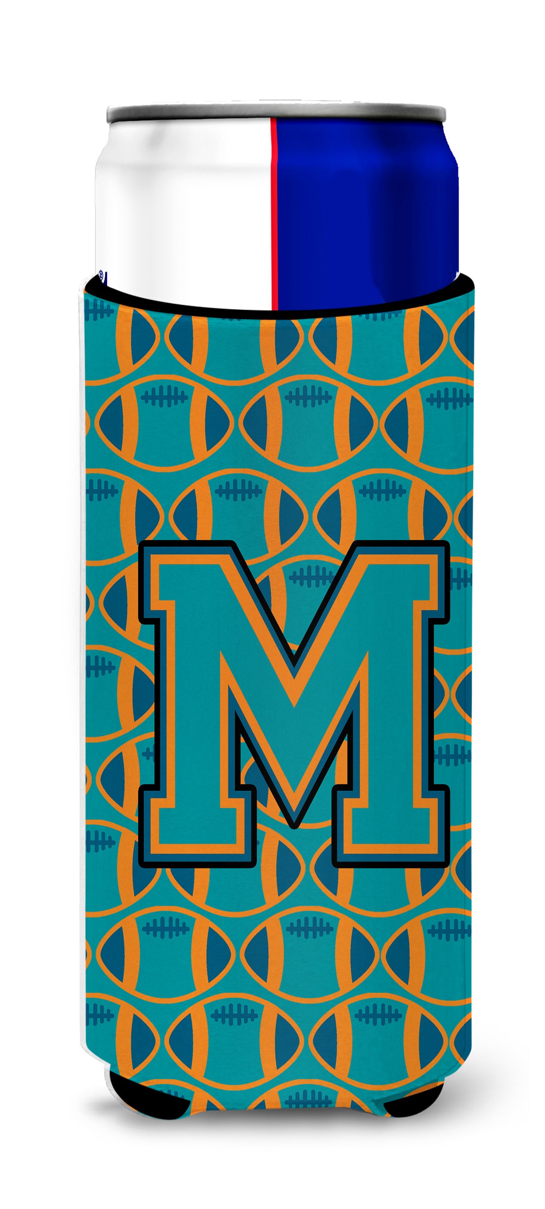 Letter M Football Aqua, Orange and Marine Blue Ultra Beverage Insulators for slim cans CJ1063-MMUK.