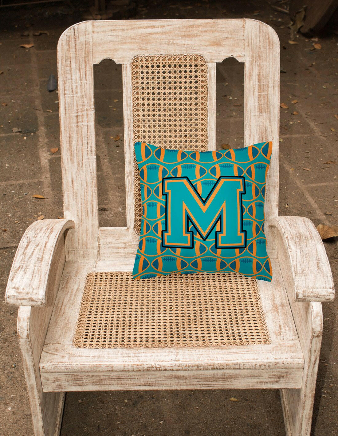 Letter M Football Aqua, Orange and Marine Blue Fabric Decorative Pillow CJ1063-MPW1414 by Caroline's Treasures