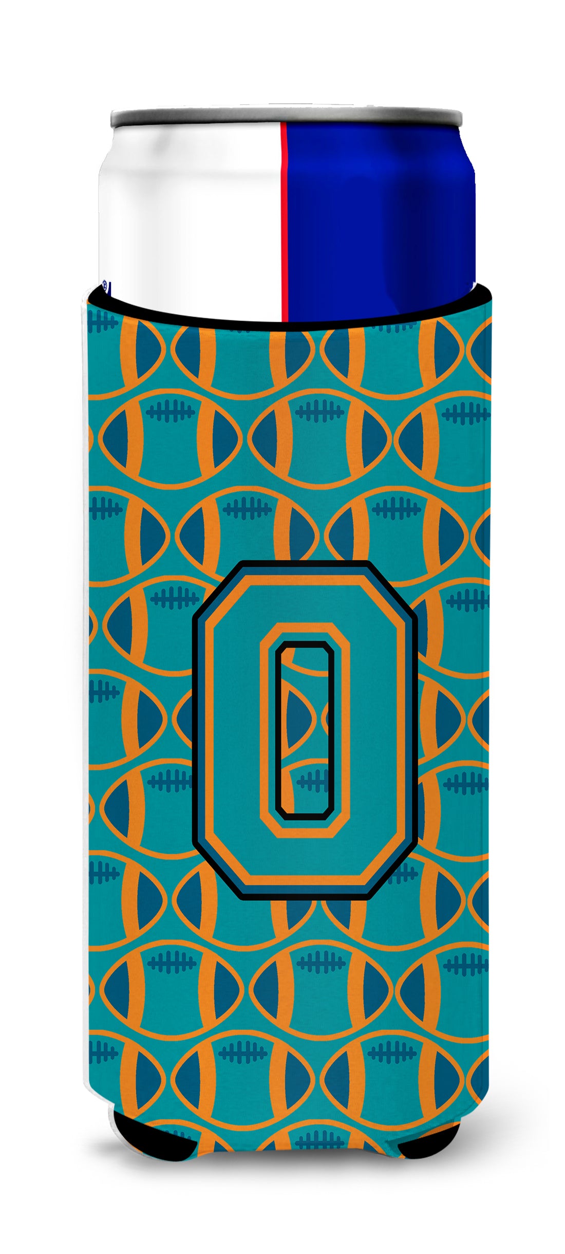 Letter O Football Aqua, Orange and Marine Blue Ultra Beverage Insulators for slim cans CJ1063-OMUK.