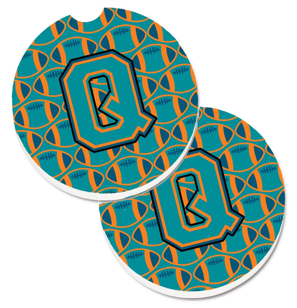 Letter Q Football Aqua, Orange and Marine Blue Set of 2 Cup Holder Car Coasters CJ1063-QCARC by Caroline's Treasures