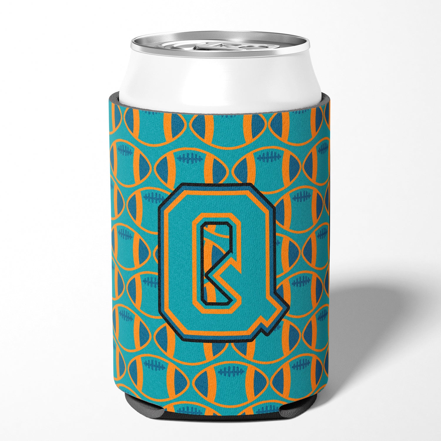 Letter Q Football Aqua, Orange and Marine Blue Can or Bottle Hugger CJ1063-QCC.