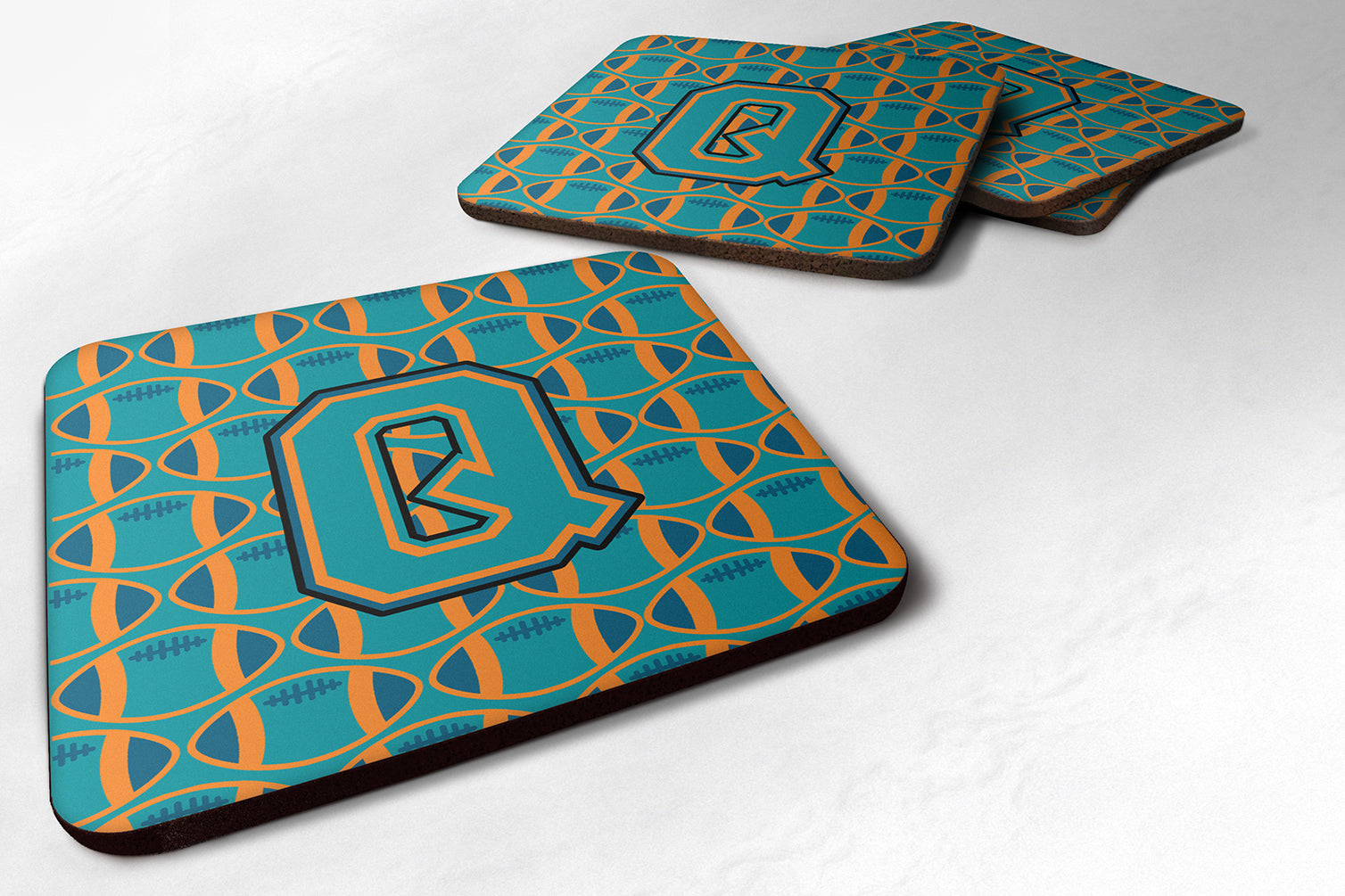 Letter Q Football Aqua, Orange and Marine Blue Foam Coaster Set of 4 CJ1063-QFC - the-store.com