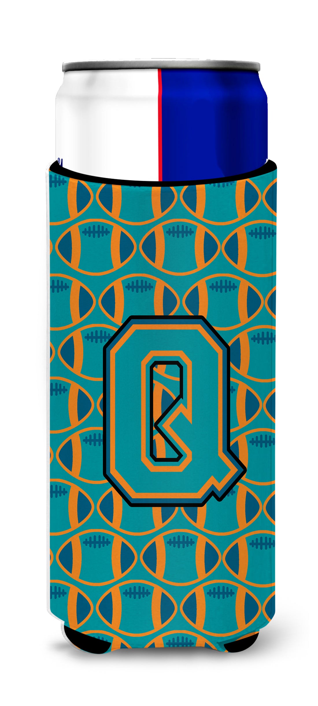 Letter Q Football Aqua, Orange and Marine Blue Ultra Beverage Insulators for slim cans CJ1063-QMUK.