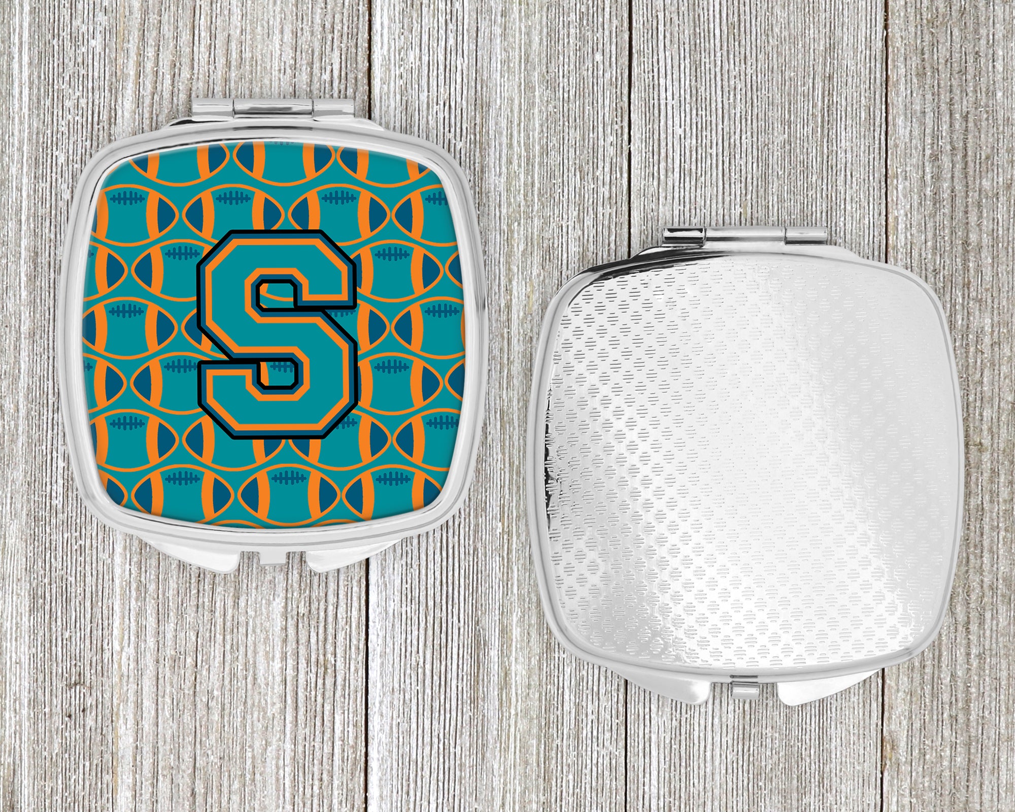 Letter S Football Aqua, Orange and Marine Blue Compact Mirror CJ1063-SSCM  the-store.com.