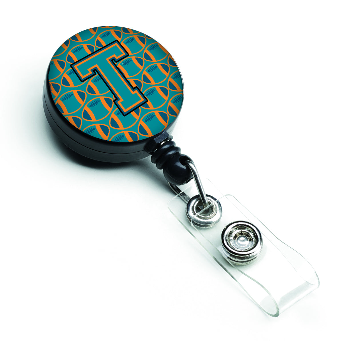 Letter T Football Aqua, Orange and Marine Blue Retractable Badge Reel CJ1063-TBR.