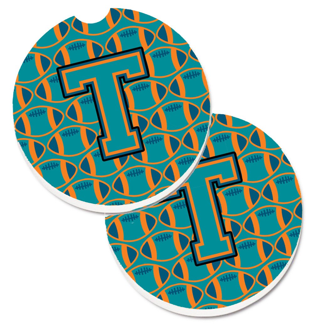 Letter T Football Aqua, Orange and Marine Blue Set of 2 Cup Holder Car Coasters CJ1063-TCARC by Caroline's Treasures