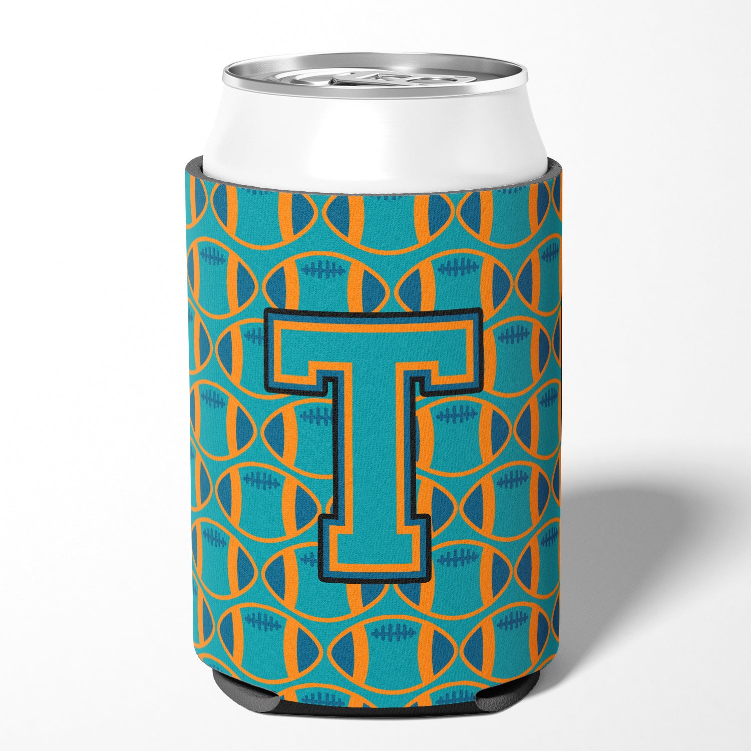 Letter T Football Aqua, Orange and Marine Blue Can or Bottle Hugger CJ1063-TCC.