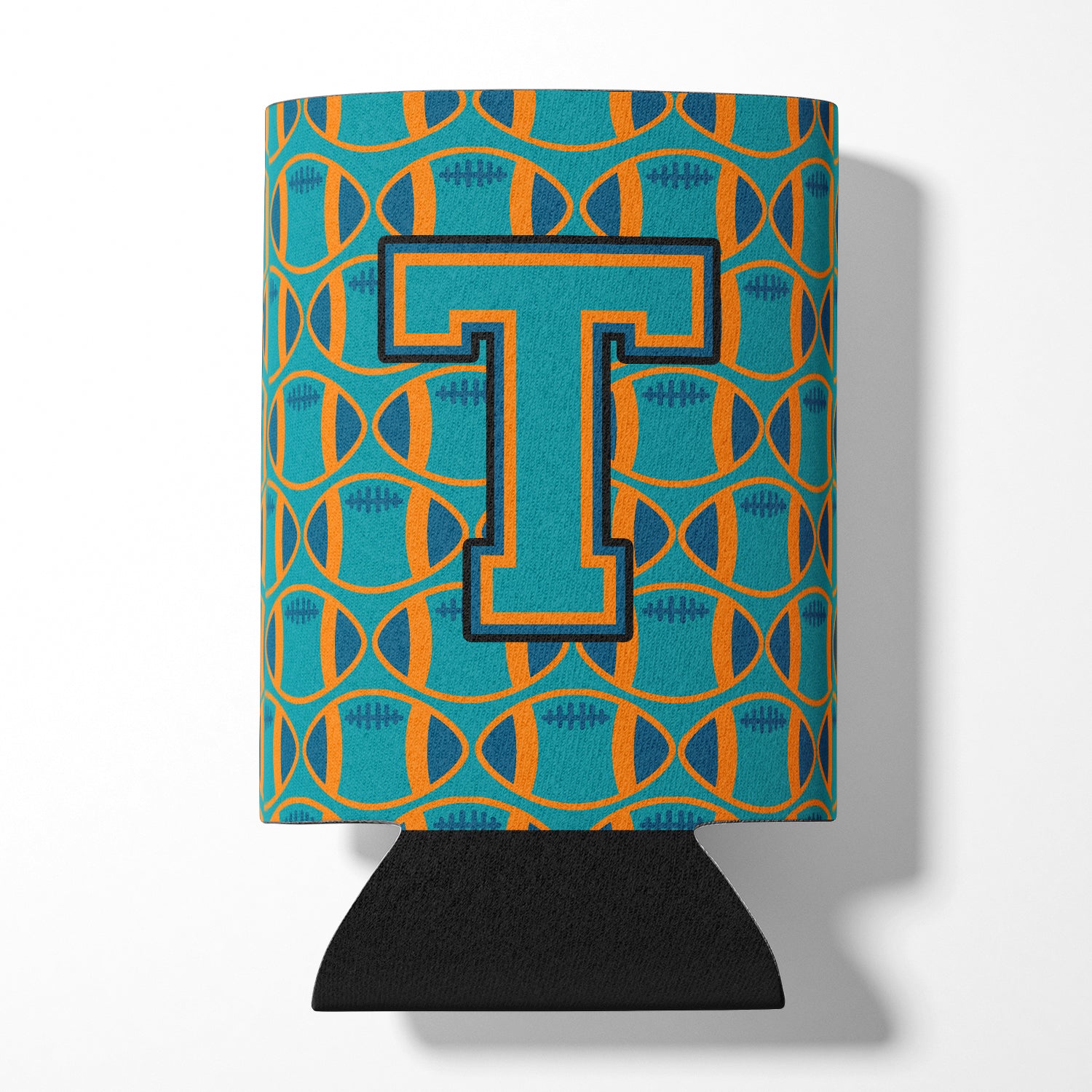 Letter T Football Aqua, Orange and Marine Blue Can or Bottle Hugger CJ1063-TCC.