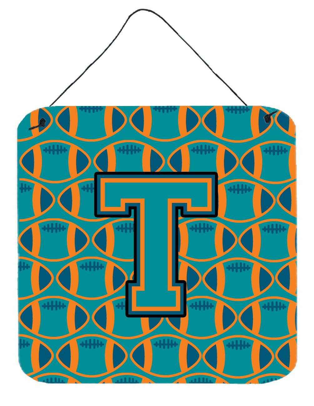 Letter T Football Aqua, Orange and Marine Blue Wall or Door Hanging Prints CJ1063-TDS66 by Caroline&#39;s Treasures