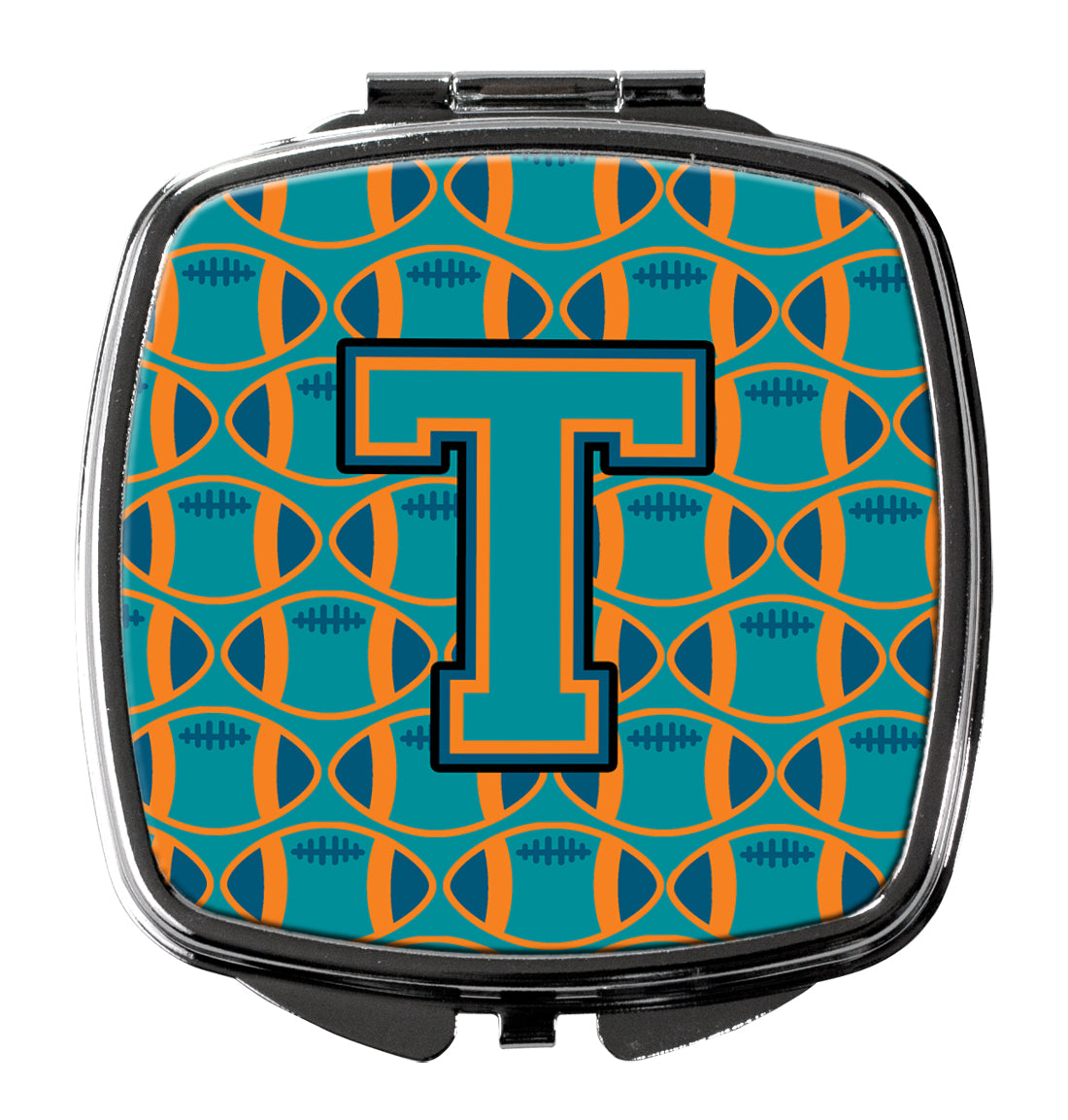 Letter T Football Aqua, Orange and Marine Blue Compact Mirror CJ1063-TSCM  the-store.com.