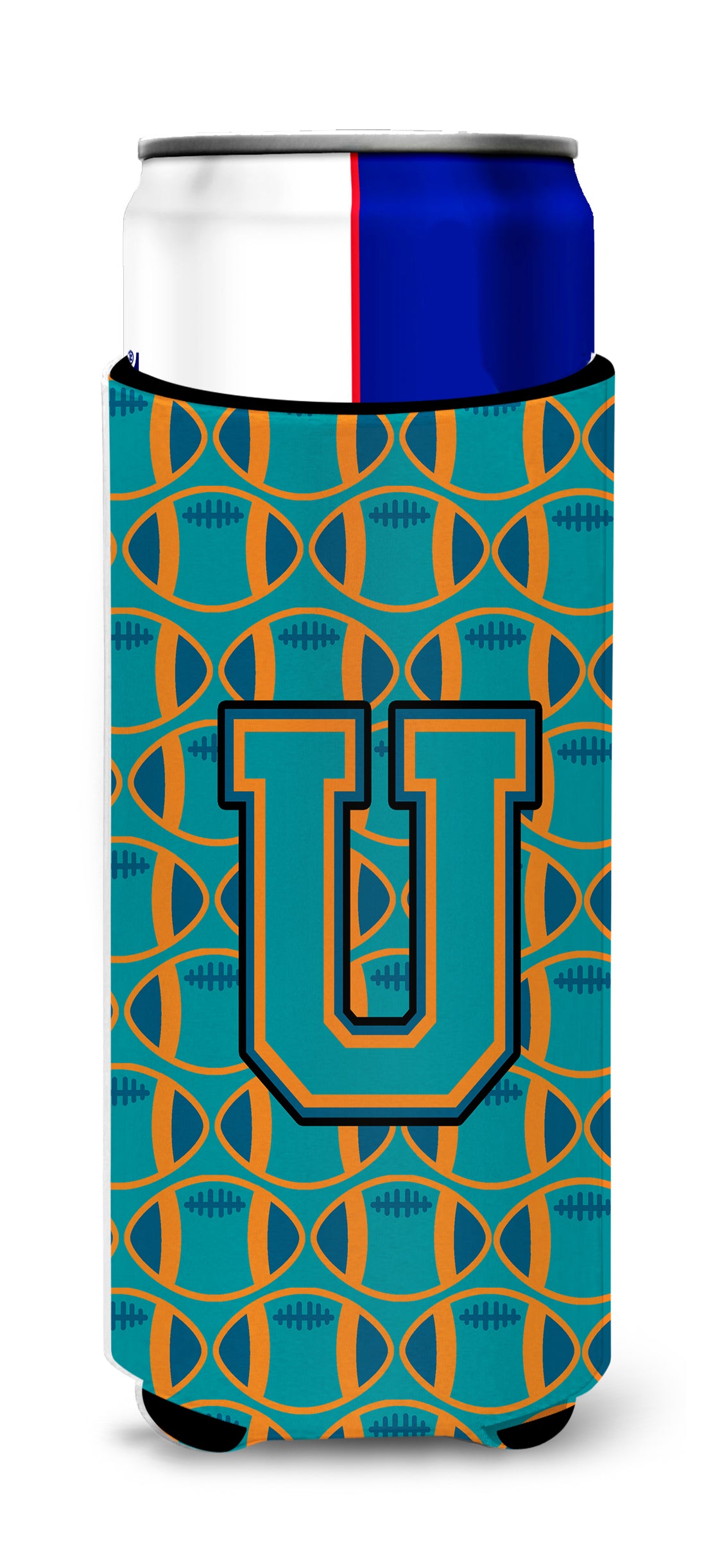 Letter U Football Aqua, Orange and Marine Blue Ultra Beverage Insulators for slim cans CJ1063-UMUK.