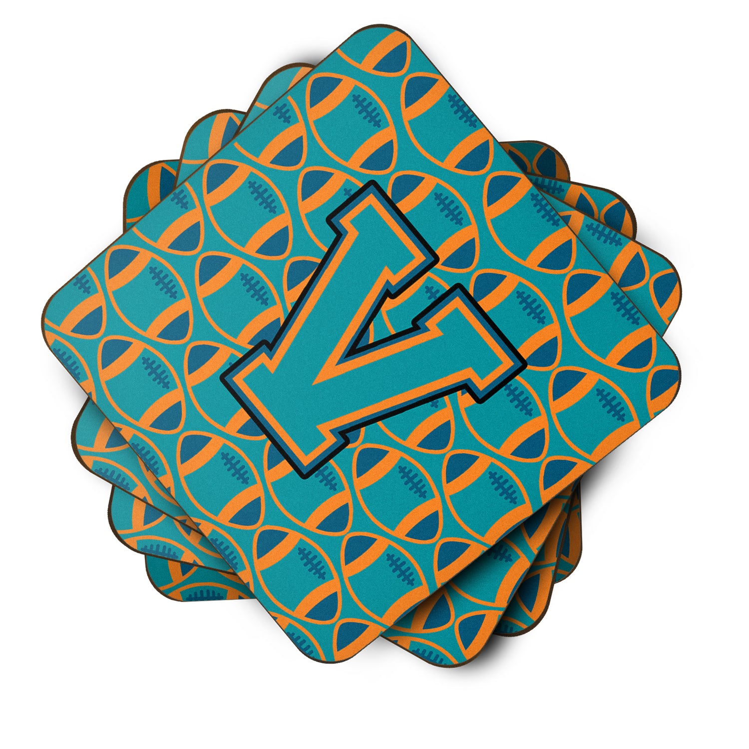 Letter V Football Aqua, Orange and Marine Blue Foam Coaster Set of 4 CJ1063-VFC - the-store.com