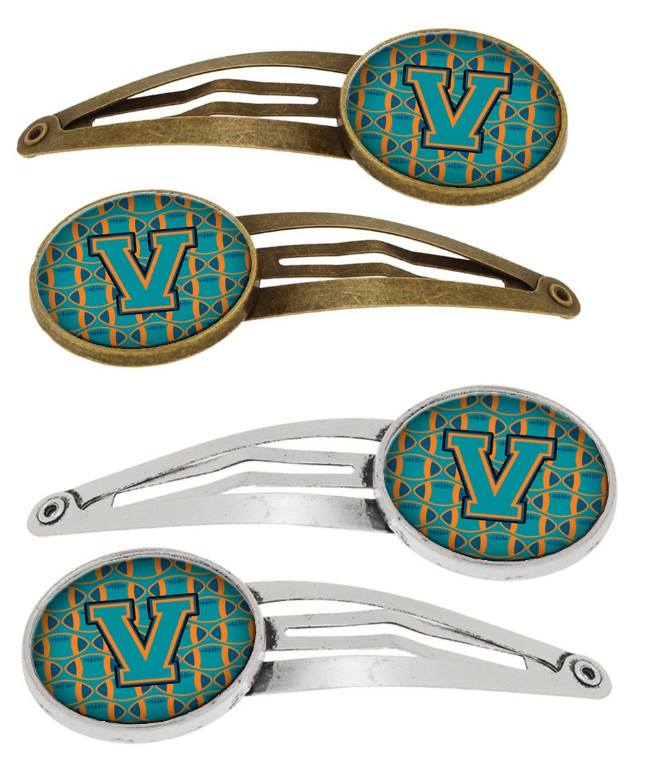 Letter V Football Aqua, Orange and Marine Blue Set of 4 Barrettes Hair Clips CJ1063-VHCS4 by Caroline&#39;s Treasures