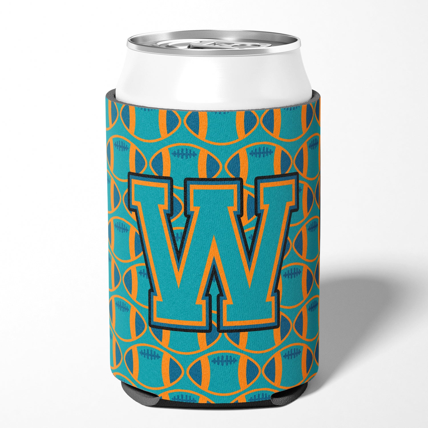 Letter W Football Aqua, Orange and Marine Blue Can or Bottle Hugger CJ1063-WCC.