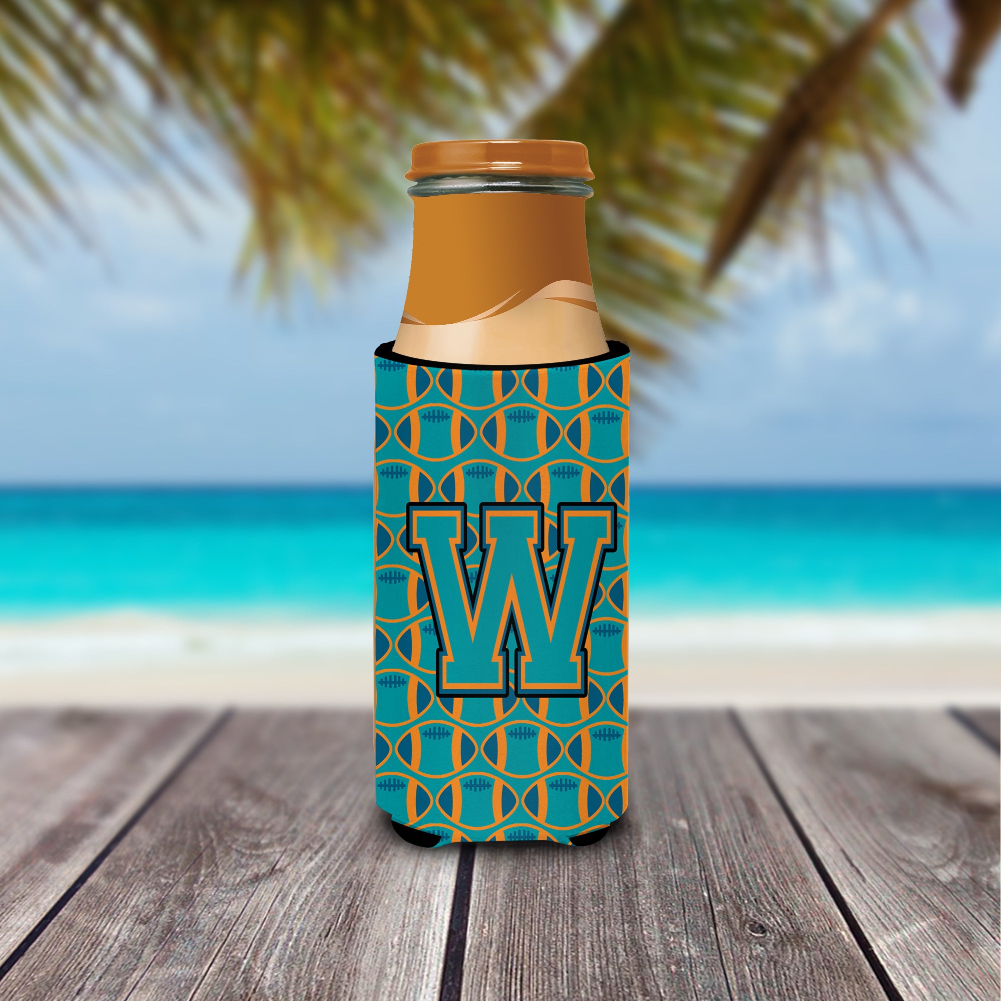 Letter W Football Aqua, Orange and Marine Blue Ultra Beverage Insulators for slim cans CJ1063-WMUK.