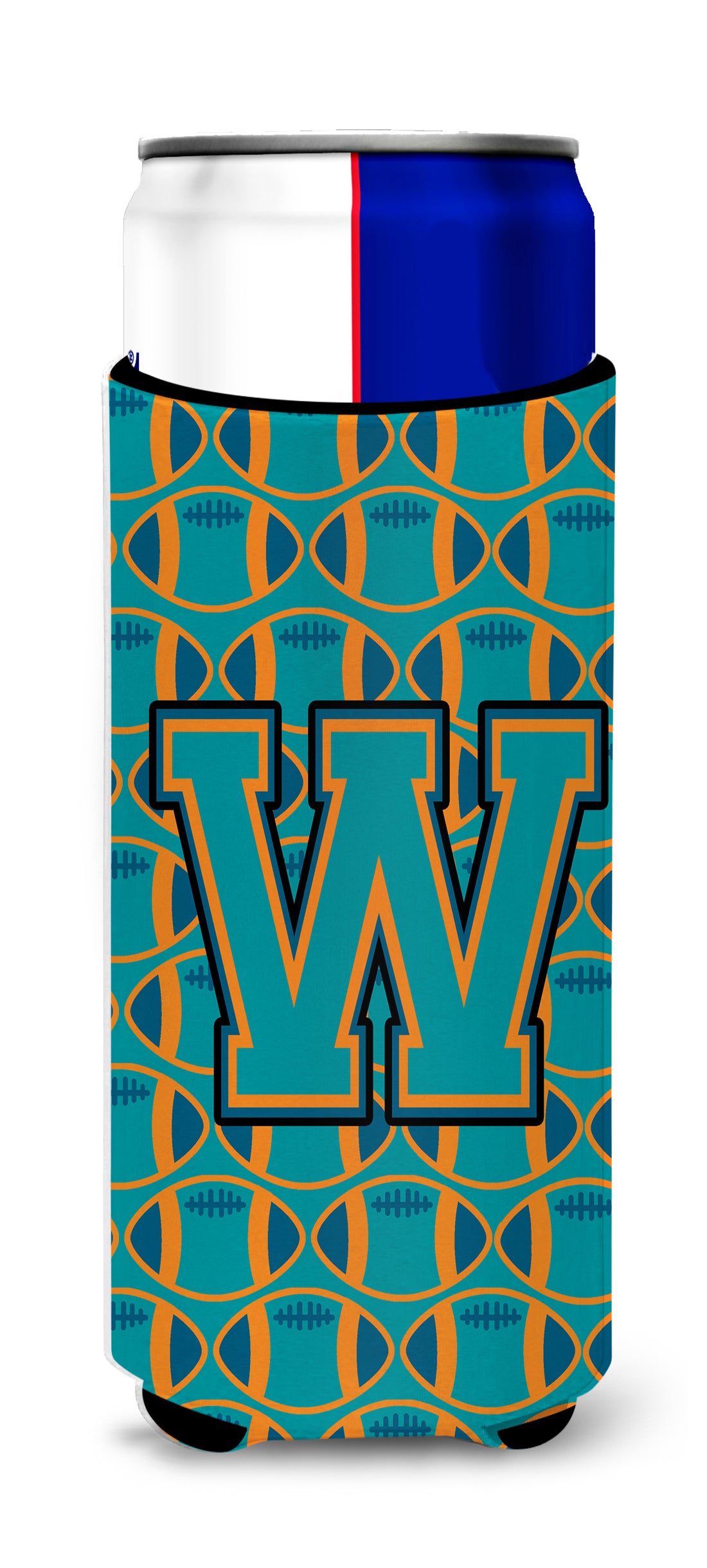 Letter W Football Aqua, Orange and Marine Blue Ultra Beverage Insulators for slim cans CJ1063-WMUK.