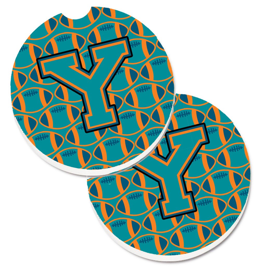 Letter Y Football Aqua, Orange and Marine Blue Set of 2 Cup Holder Car Coasters CJ1063-YCARC by Caroline's Treasures