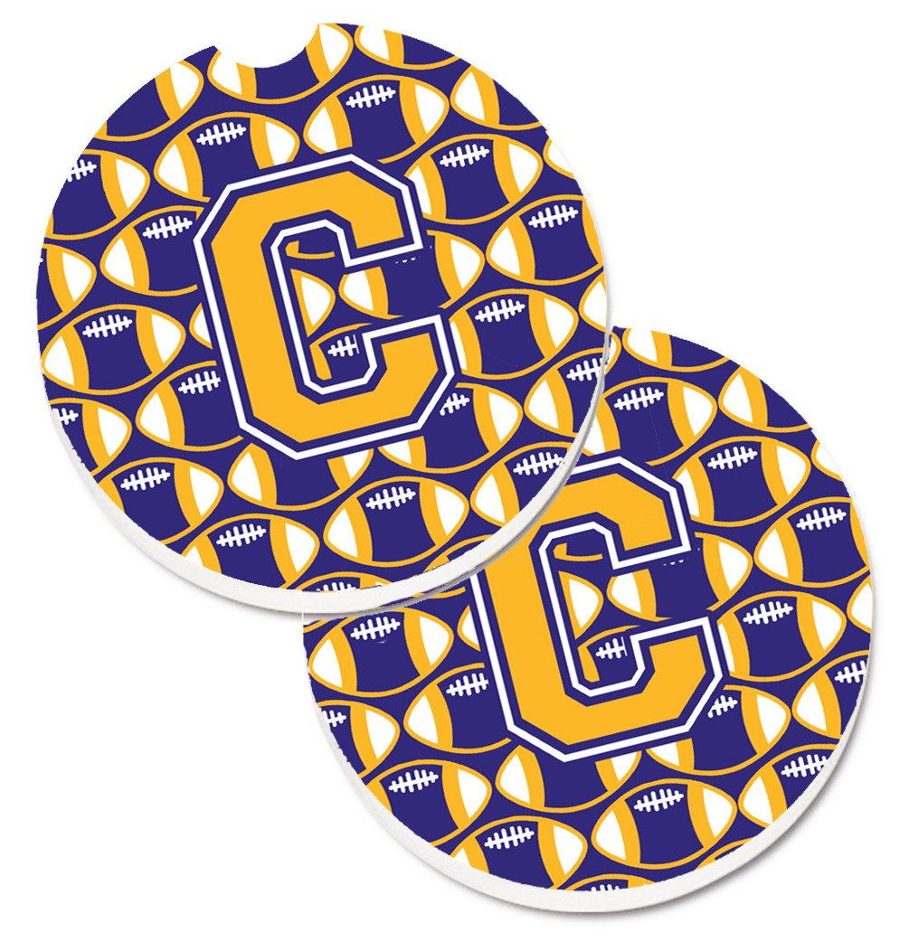 Letter C Football Purple and Gold Set of 2 Cup Holder Car Coasters CJ1064-CCARC by Caroline&#39;s Treasures